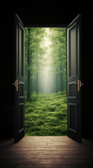 Creative background. Old wooden door, blue color, in the box. Transition to a different climate. The concept of climate change, portal, magic. Copy space