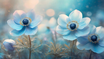 Niebieskie anemony, piękne wiosenne kwiaty tapeta - obrazy, fototapety, plakaty