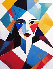 Vertex Visage: The Cubist Harmony of Geometry and Palette in a Woman's Portrait with Red, Blue and Yellow Colors