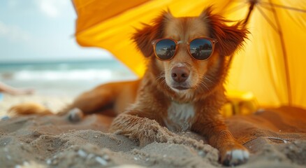 A stylish pup enjoys a relaxing day at the beach, soaking up the sun under a vibrant orange umbrella