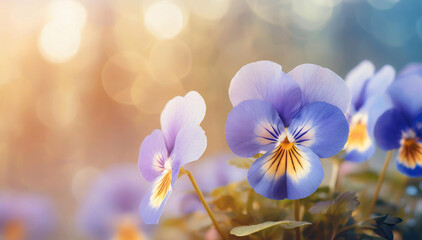 Piękne kwiaty bratki, wiosenne tło kwiatowe, puste miejsce