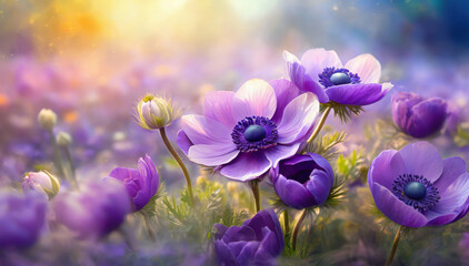 Tło kwiatowe fioletowe anemony - obrazy, fototapety, plakaty