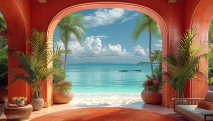 A serene beachfront landscape, framed by a doorway adorned with potted plants, offers a tranquil escape to a tropical resort paradise