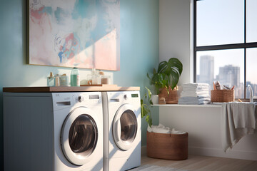 laundry room with a built in shoe storage bench and hook - obrazy, fototapety, plakaty