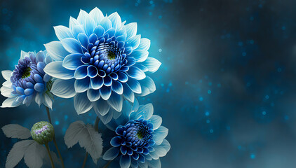 Niebieskie kwiaty tapeta. Wiosenne dalie, piękne abstrakcyjne kwiatowe tło, puste miejsce na tekst - obrazy, fototapety, plakaty