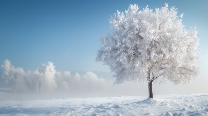 Frozen Elegance. A Breathtaking Winter Landscape with a Tall Rime Tree-Shaped like a Peacock's Majestic Tail
