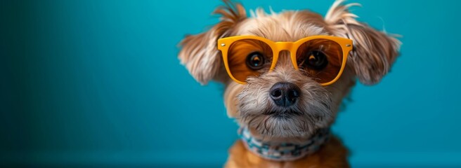 A playful puppy of a golden retriever breed strikes a stylish pose, donning vibrant yellow sunglasses that perfectly complement its soft brown fur, exuding a cool and confident attitude as a beloved 