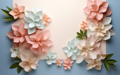 Handmade paper-crafted flowers and leaves in various pastel colors and dimensions arranged from both the left and right sides on a blue background. White copy space in the middle. 