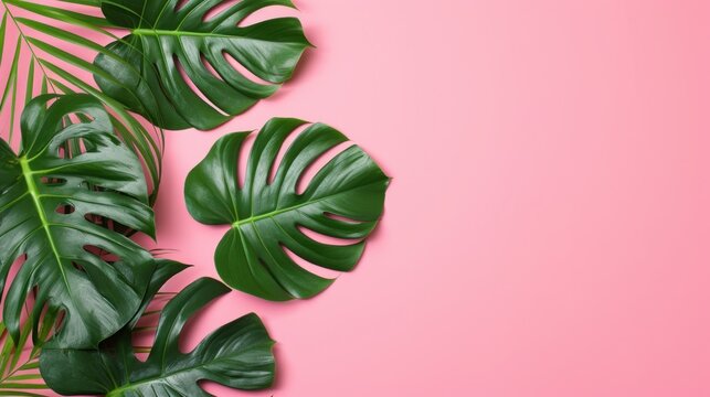 tropical monstera leaf on a pink summer background