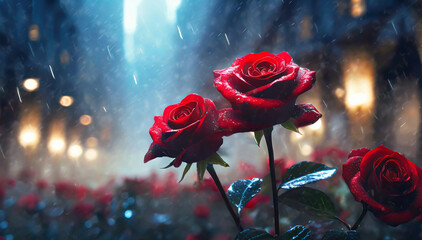 Piękne czerwone róże w kroplach deszczu, abstrakcyjne kwiaty - obrazy, fototapety, plakaty