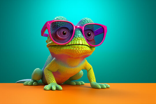 3D cartoon chameleon in sunglasses on a vibrant background