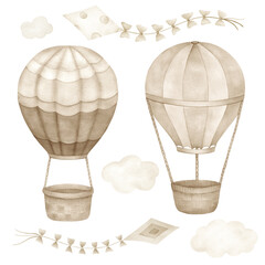 Watercolor set with beige hot air balloons, clouds and kite. Hand painted vintage isolated  illustration on white background.