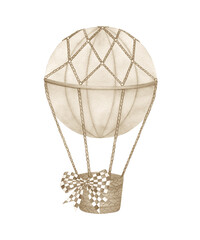 Poster with watercolor beige hot air balloon. Hand painted vintage isolated  illustration on white background.
