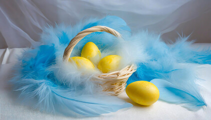 Żółte pisanki w koszyku, pastelowe jajka wielkanocne, niebieskie piórka - obrazy, fototapety, plakaty