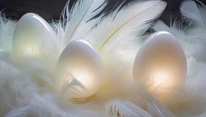 Wielkanoc, świecące jajka w piórach - obrazy, fototapety, plakaty