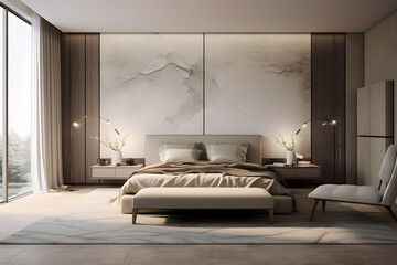 master bedroom with a neutral color palette and a texture