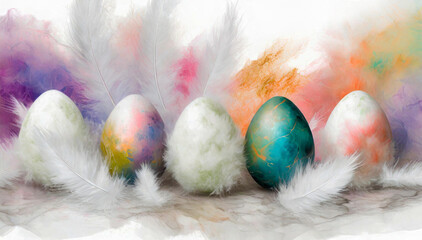 Kolorowe jajka pisanki , eksplozja kolorów, pastelowe tło wielkanocne - obrazy, fototapety, plakaty