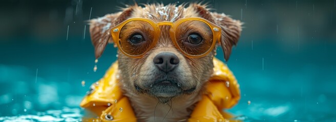 A stylish brown dog of a particular breed is wearing sunglasses and a yellow jacket while enjoying a refreshing day by the water as a beloved pet and playful puppy