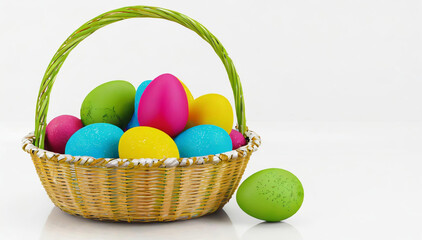 Kolorowe jajka pisanki w koszyku. Wielkanocne tło - obrazy, fototapety, plakaty