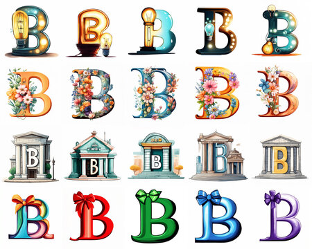 Group of various colourful B letters with pictures of words starting with the B letter isolated on white background. Generative ai illustration. Preschool education theme.