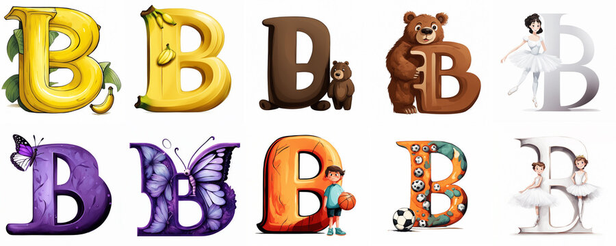 Group of various colourful B letters with pictures of words starting with the B letter. Generative ai illustration. Preschool education theme.