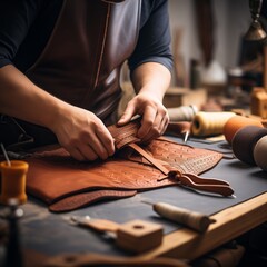 Crafting Elegance: Close-Up View of Leather Tanner Meticulously at Work