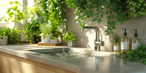 A vibrant tree and a lush houseplant thrive in the outdoor garden, while indoors, a tap trickles water into a sink against the wall - obrazy, fototapety, plakaty