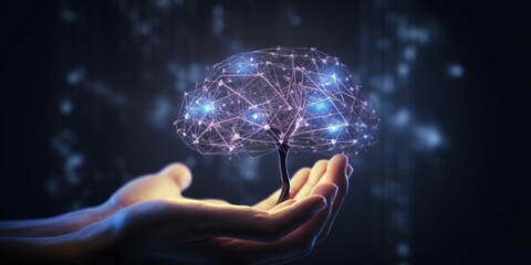 Abstract palm hands holding brain with network connections, innovative technology in science and communication concept