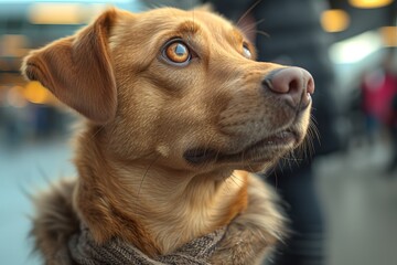 A stylish sporting breed proudly struts its unique accessory, a cozy brown scarf, making it the envy of all other furry pets - obrazy, fototapety, plakaty