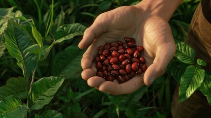 Coffee beans in the hands of a farmer in the field