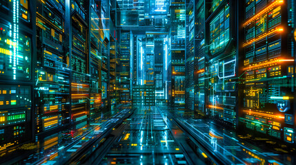 Fototapeta na wymiar Futuristic digital network connection in a cyber tunnel, symbolizing fast-paced communication and modern technology infrastructure