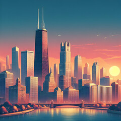 Naklejka premium Illustration Drawing Famous Chicago City Urban Cityscape Skyscrapers Tall Skyline Buildings & Towers by Day. Lake Michigan & Downtown, Illinois USA. Lincoln Park Observatory River Essence Jazz Blues