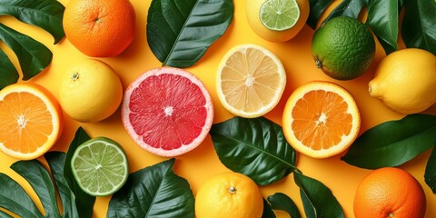 A vibrant group of citrus fruits, including citron, mandarin orange, and grapefruit, with their leafy greens and tangy peels, represent the beauty and nourishment of natural, vegan produce - obrazy, fototapety, plakaty