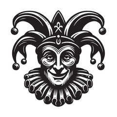 Medieval jester face. Vintage engraving vector illustration. Logo, emblem, woodcut. Black and white line art. Isolated object