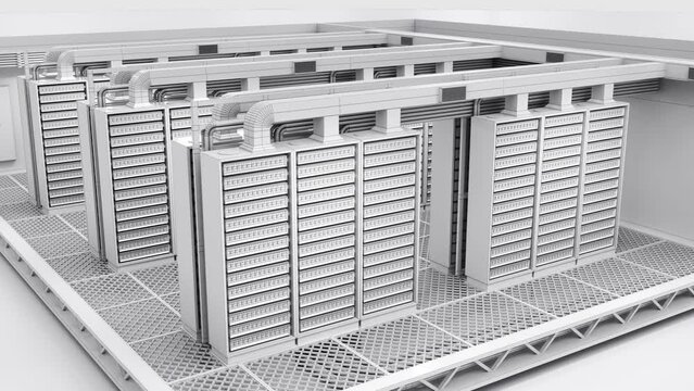 Isometric data center, mining farm, server room with server racks. 3d animation isolated on white