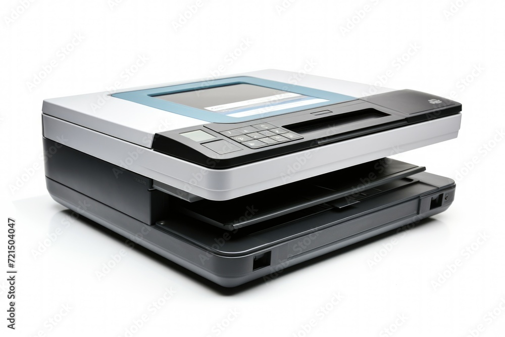 Poster a printer sitting on top of a black and white device. ideal for office and technology-related projec