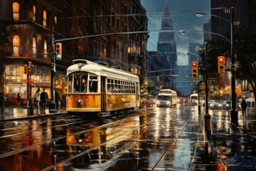 A vibrant painting depicting a trolley on a bustling city street. Perfect for adding a touch of urban charm to any space