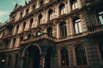 A picture of a building with a prominent clock on the front. This image can be used to depict architecture, landmarks, or time management