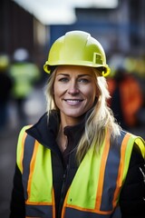 A woman wearing a hard hat and vest. Suitable for construction and industrial themes