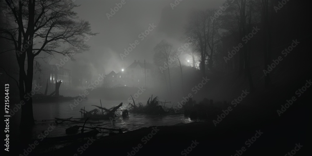 Poster a black and white photo capturing the serene beauty of a foggy river. ideal for creating a moody atm