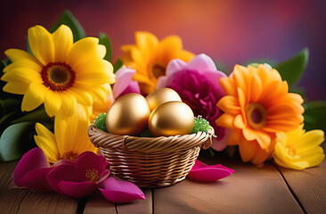colored eggs in a basket with a sprig of white apple flowers. Easter holiday