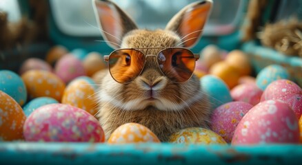 Fototapeta na wymiar A stylish domestic rabbit celebrates easter by lounging in a basket of eggs, radiating cool confidence with its sunglasses and playful spirit as a beloved mammal in the great outdoors