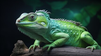 Fototapeta premium Green chameleon close up on a green background UHD Wallpaper