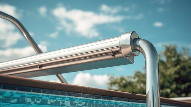 A detailed view of a metal railing located near a swimming pool. This image can be used to depict pool safety or as a background for a resort or hotel brochure