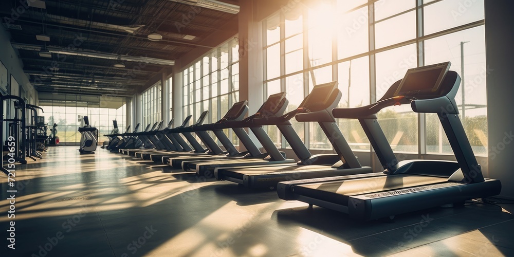 Poster a lineup of tread machines in a gym. perfect for fitness and exercise-related projects