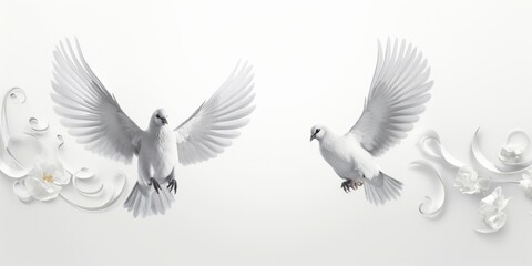 Two white doves gracefully soaring through the air. Perfect for symbolizing peace and freedom. Suitable for various uses