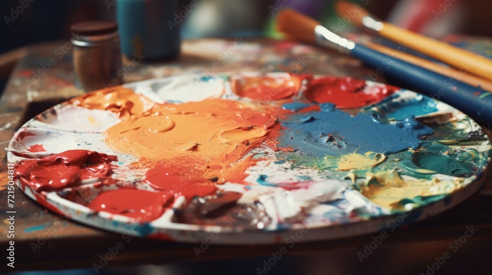 Poster A close up view of a paint palette on a table. Ideal for art and design projects