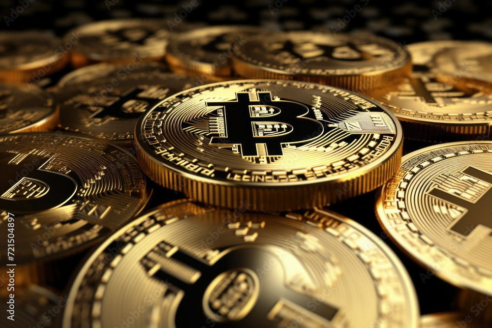 Poster a pile of golden bitcoins on a black background. this image can be used to represent cryptocurrency,
