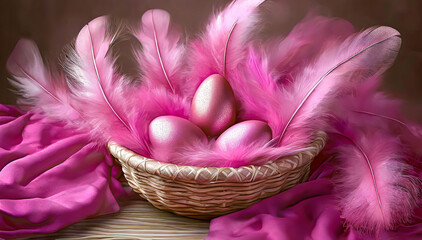 Różowa kompozycja wielkanocna, jajka i pióra w koszyku