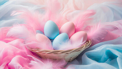 Pastelowe tło wielkanocne , niebieskie i różowe jajka w koszyku - obrazy, fototapety, plakaty
